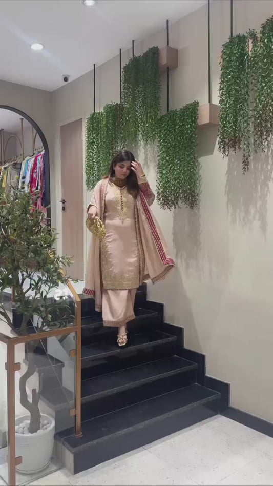 Elegant Chinon Silk Party Wear Outfit with Embroidered Top and Coordinated Bottom