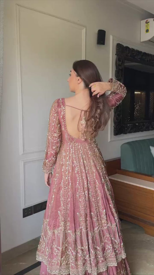 Embroidered Full Sleeve Gown Set with Coordinated Lehenga in Party Wear Style