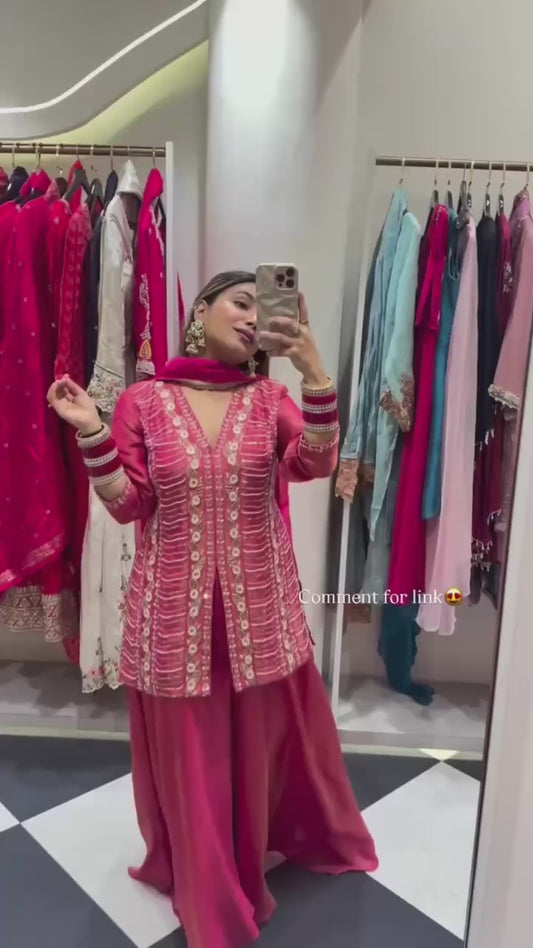 Exclusive Simar Silk Designer Outfit Showcasing Intricate Hand Embroidery and Tabby Silk Dupatta