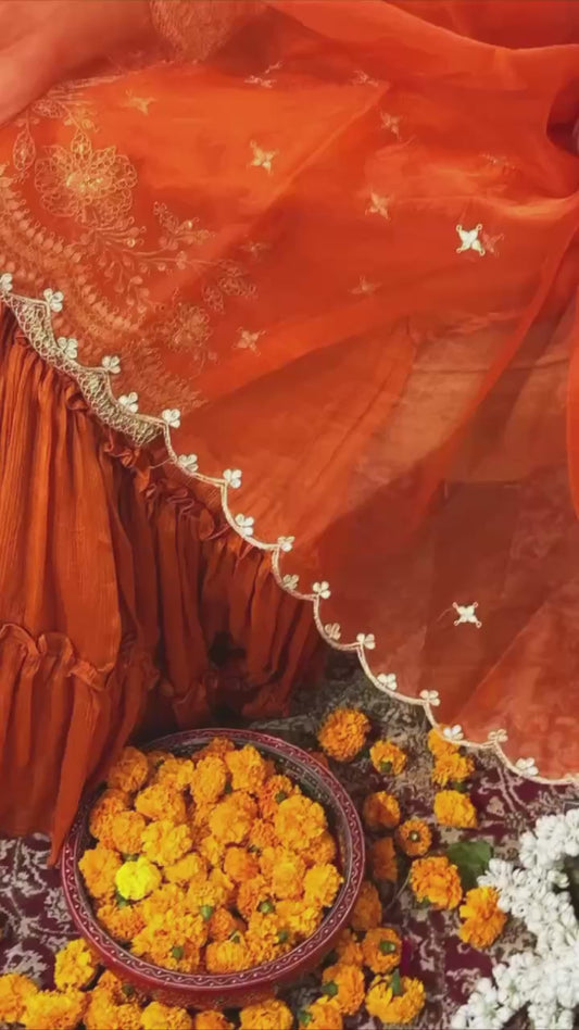 Festive Designer Wear: Orange Chinon Silk Top with Sharara and Stylish Dupatta