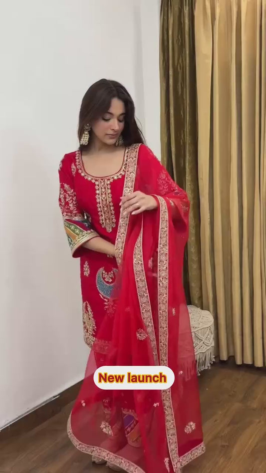 Exclusive Party Wear Crepe Silk Outfit with 5mm Sequence Embroidery and Fancy Lace Dupatta