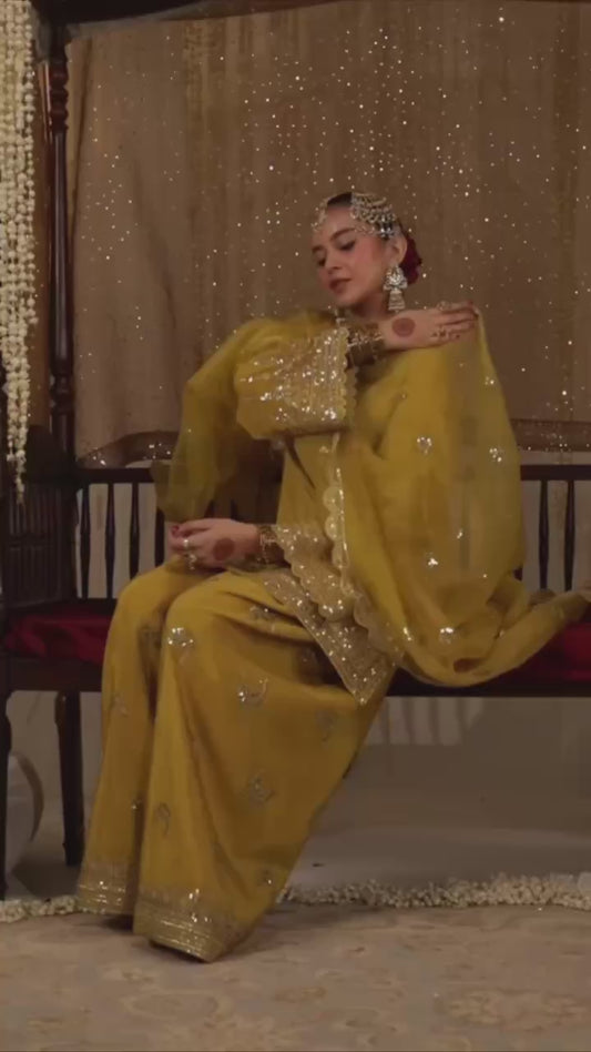Party Wear Set Featuring Heavy French Crepe Top and Embroidered Plazzo with Fancy Dupatta