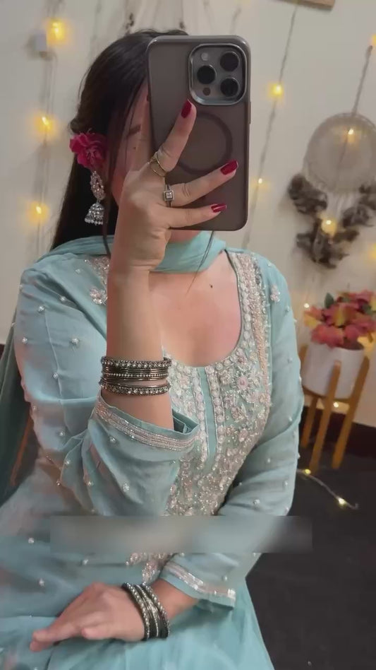 New Ready-to-Wear Fancy Georgette Embroidered Top with Palazzo & Dupatta