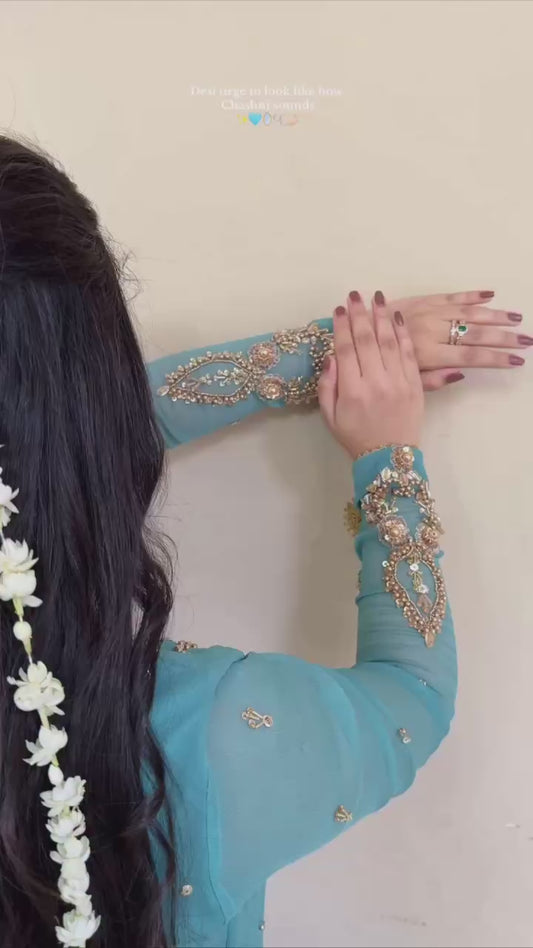 Premium Designer Blue Party Wear Set in Heavy Fox Georgette with Intricate Embroidery and Moti Work
