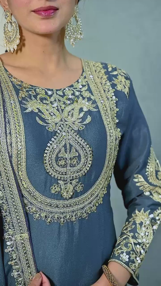 Graceful Pure Chinnon Silk Ensemble Showcasing Heavy All-Over Coding Sequin Embroidery Work