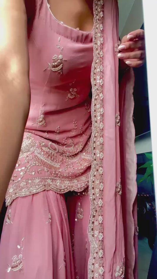 Designer Party Wear Faux Georgette Embroidered Top and Sharara Palazzo Set with Dupatta