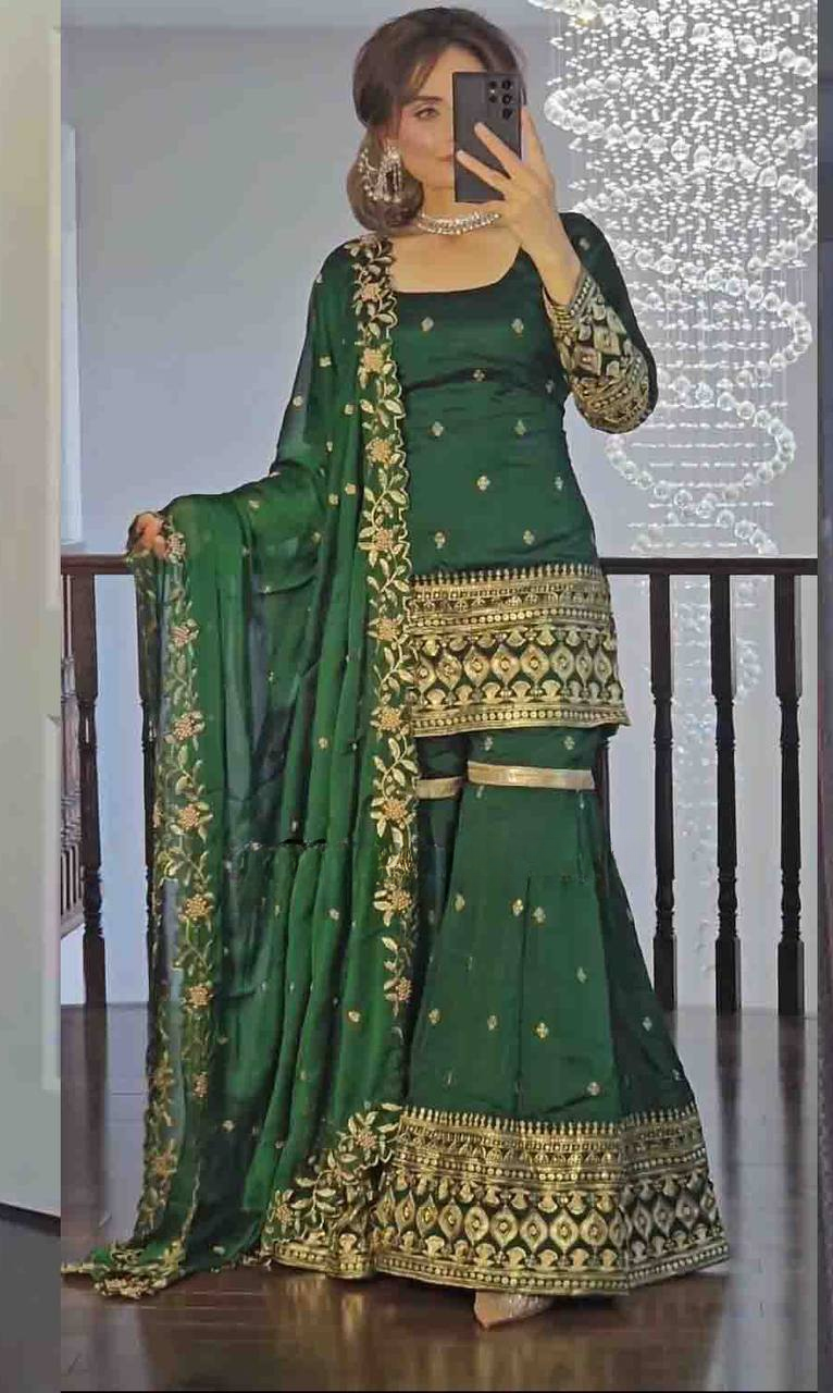 New Designer Party Wear Top and Plazzo Set with Fancy Dupatta and Heavy Embroidery