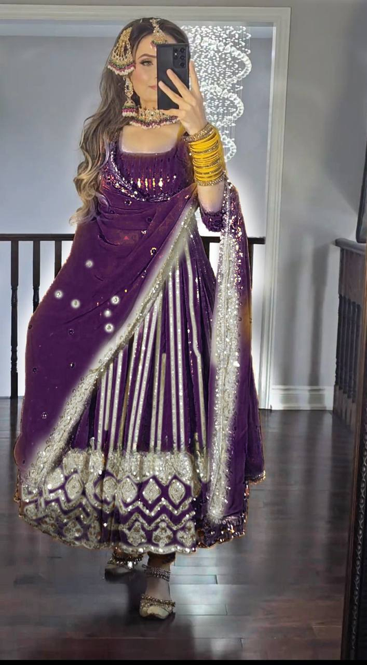 Party Wear Designer Gown with Pant in Heavy Faux Georgette Featuring Full Sleeve Embroidery