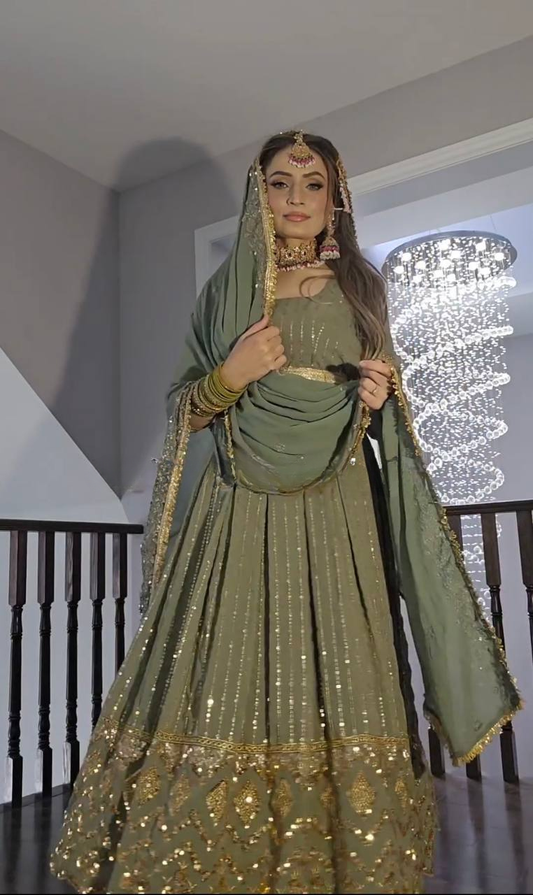 Party Wear Designer Gown with Pant in Heavy Faux Georgette Featuring Full Sleeve Embroidery