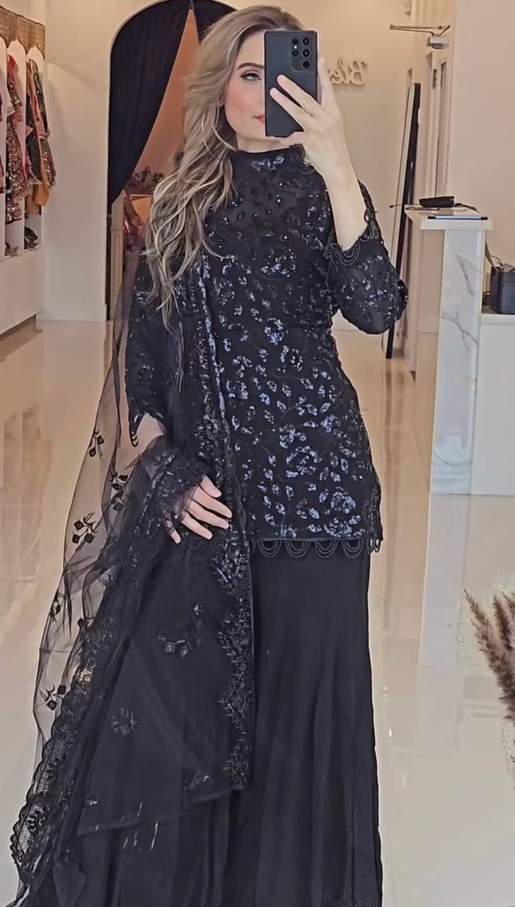 Premium Designer Ensemble in Heavy Fox Georgette with Embroidered Top, Plazzo & Fancy Dupatta