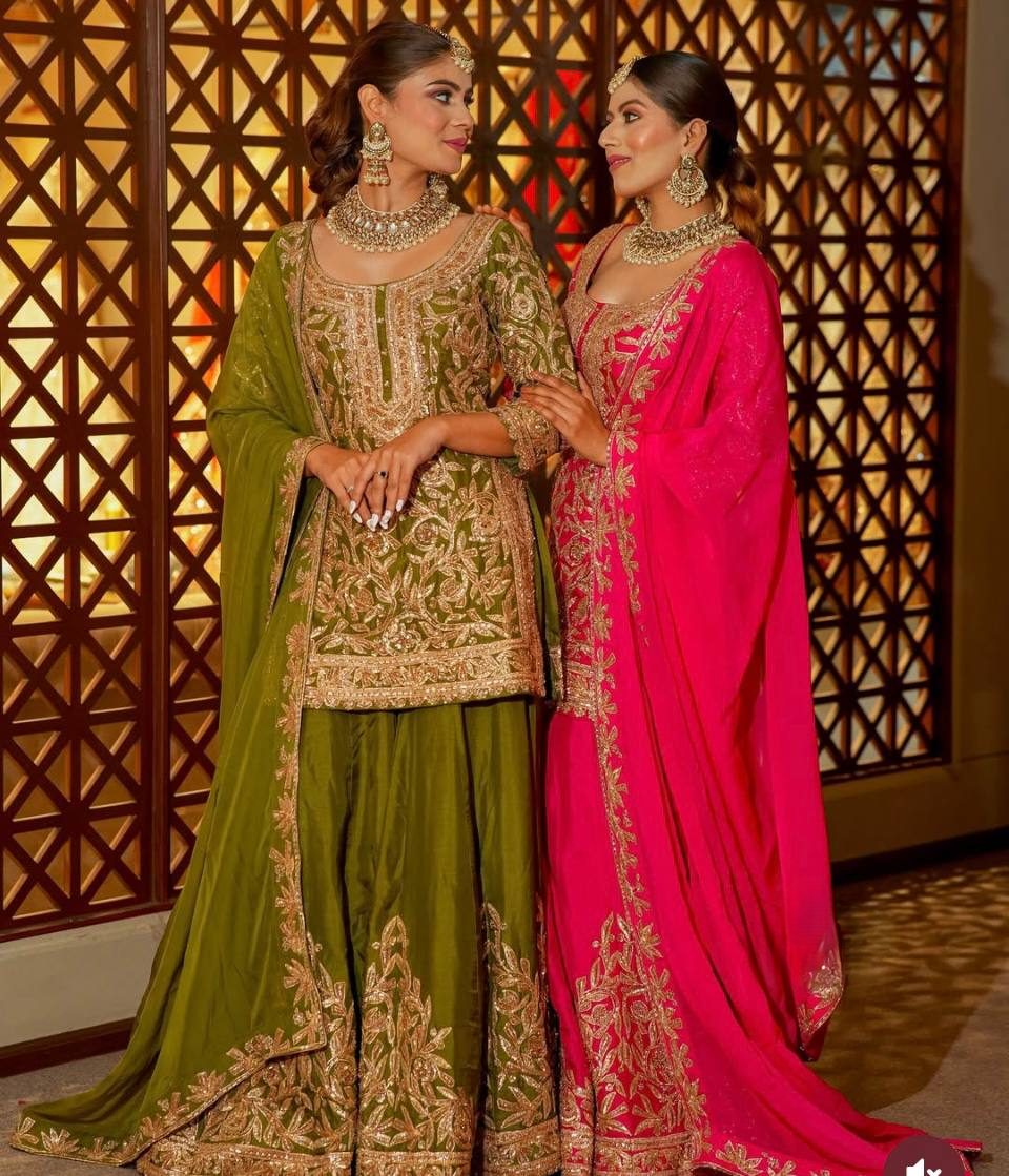 Fancy Dupatta with Party Wear Top and Plazzo in Heavy Embroidered Chinon Silk