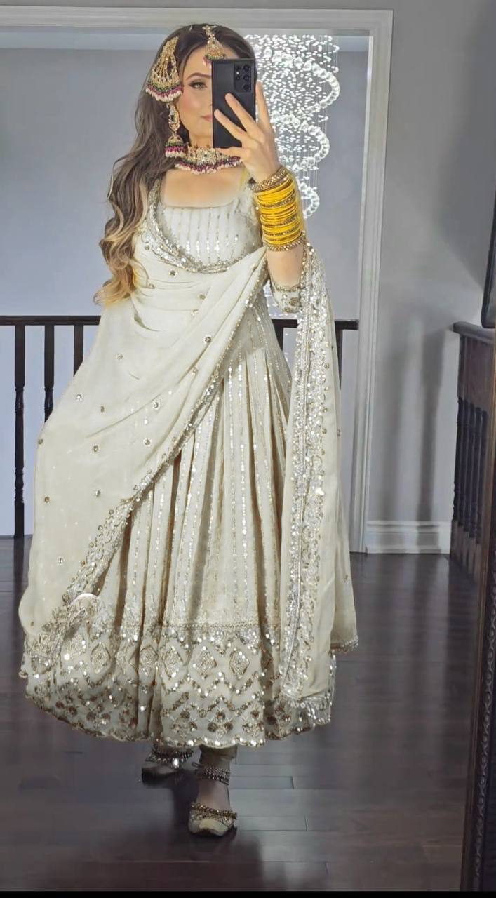 Party Wear Designer Gown with Pant in Heavy Faux Georgette Featuring Full Sleeve Embroidery