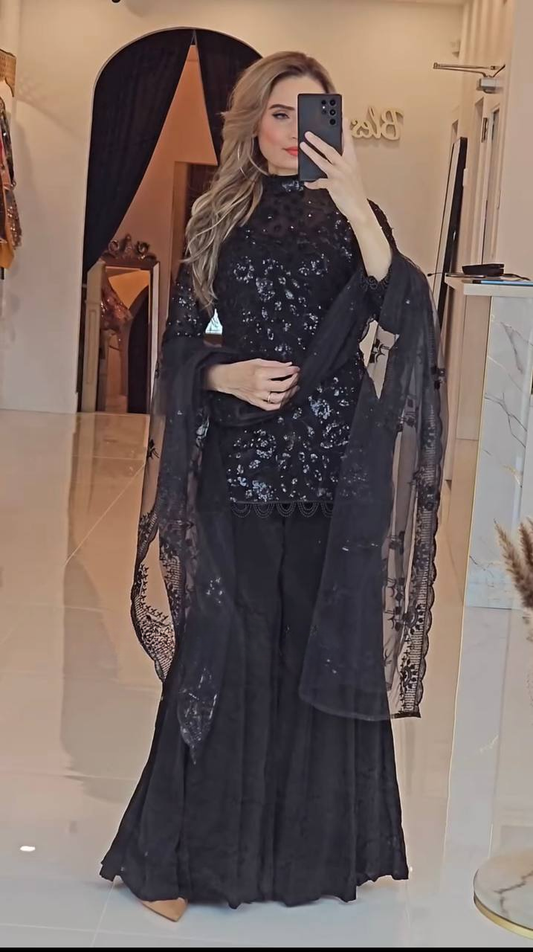 Premium Designer Ensemble in Heavy Fox Georgette with Embroidered Top, Plazzo & Fancy Dupatta