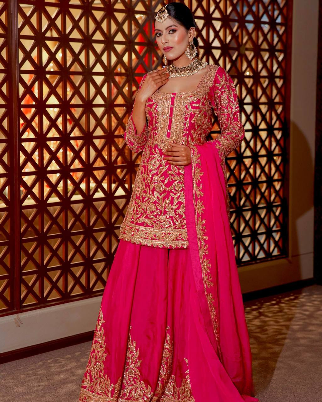 Fancy Dupatta with Party Wear Top and Plazzo in Heavy Embroidered Chinon Silk