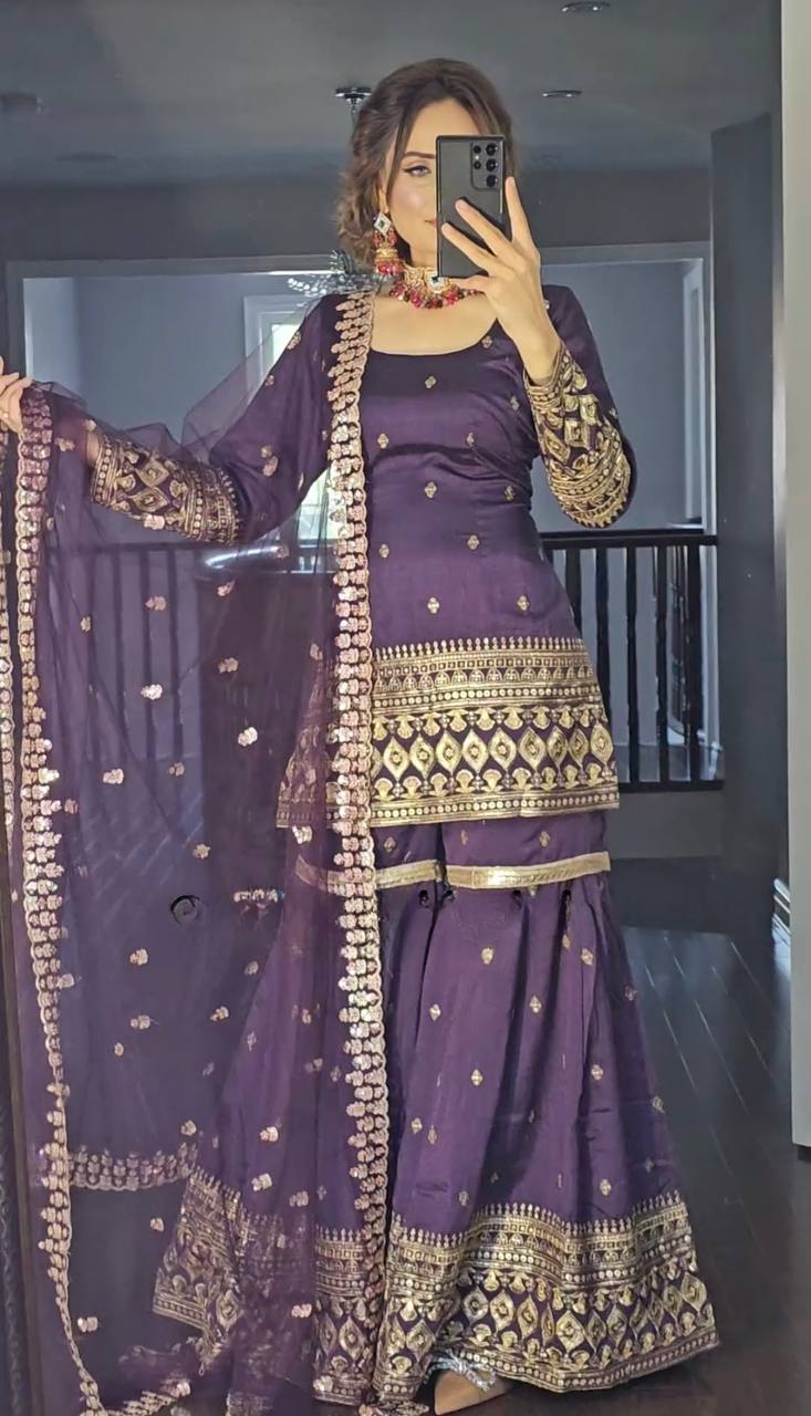 New Designer Party Wear Top and Plazzo Set with Fancy Dupatta and Heavy Embroidery