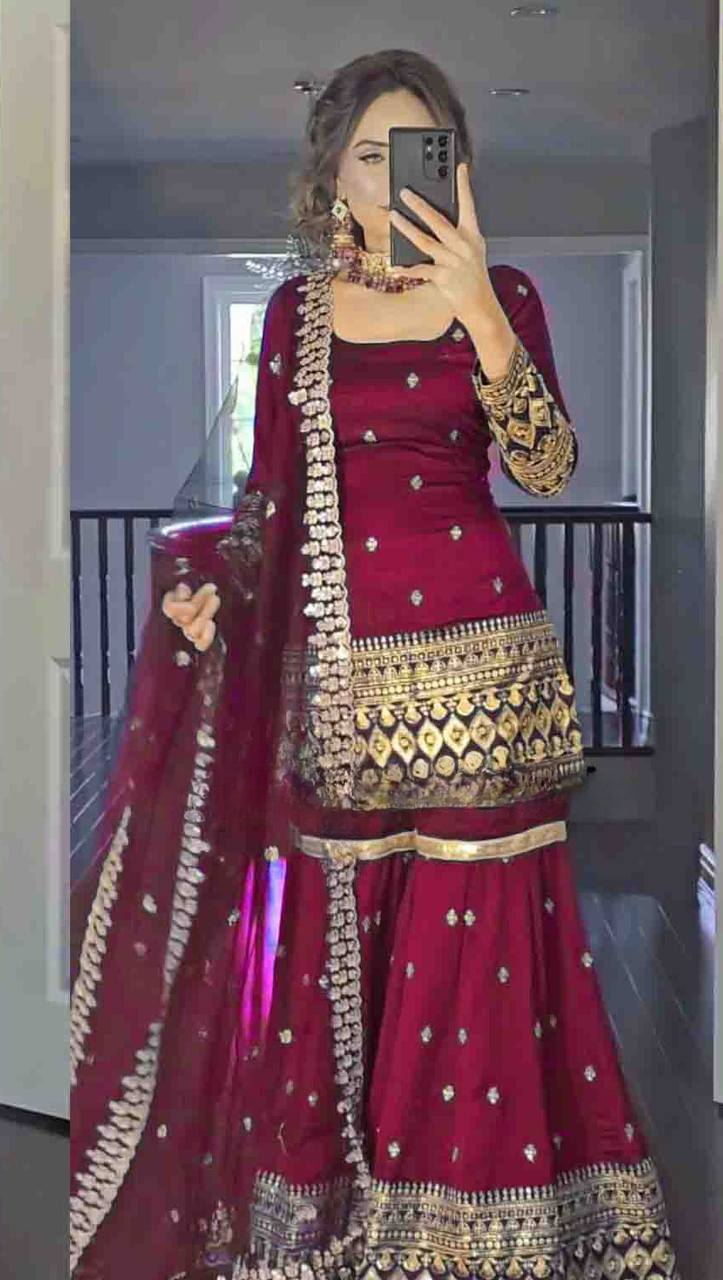 New Designer Party Wear Top and Plazzo Set with Fancy Dupatta and Heavy Embroidery