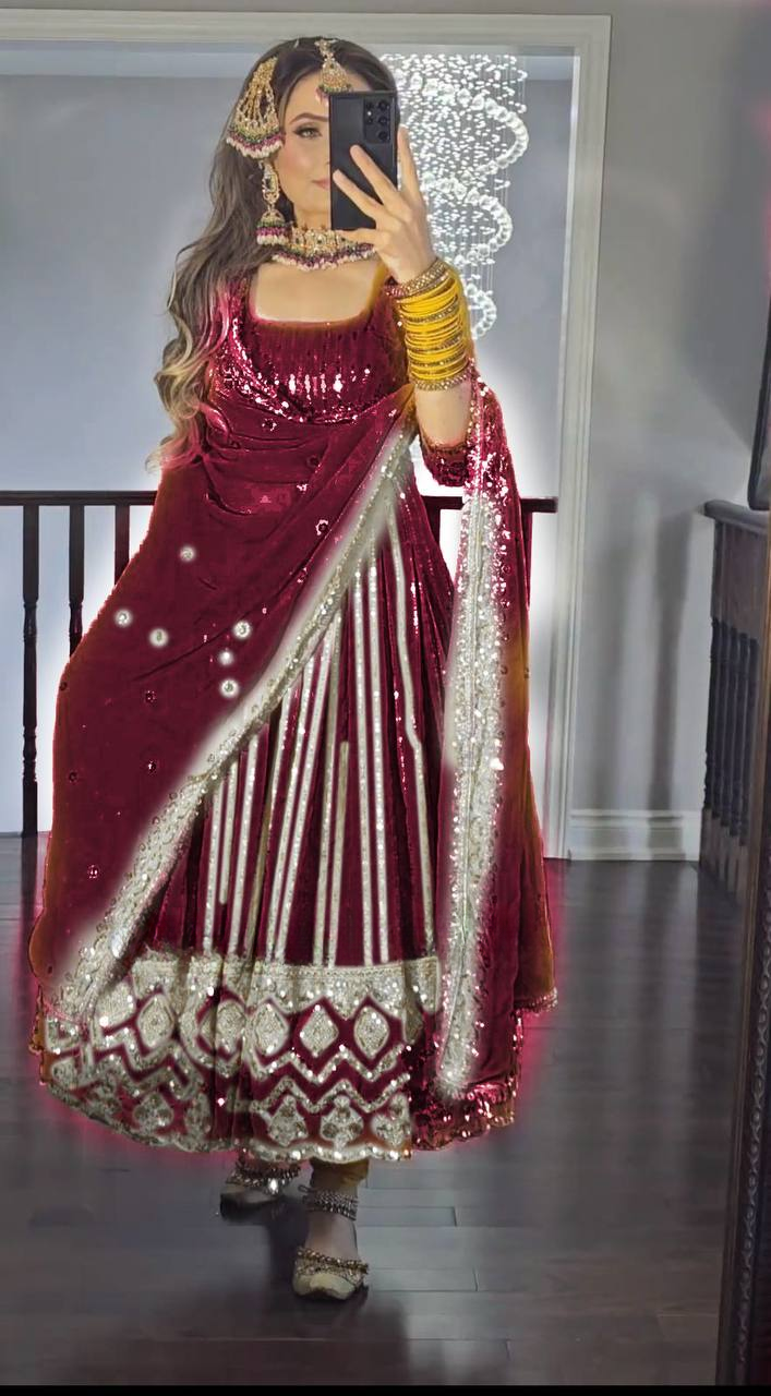 Party Wear Designer Gown with Pant in Heavy Faux Georgette Featuring Full Sleeve Embroidery
