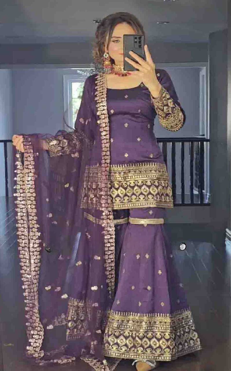 New Designer Party Wear Top and Plazzo Set with Fancy Dupatta and Heavy Embroidery