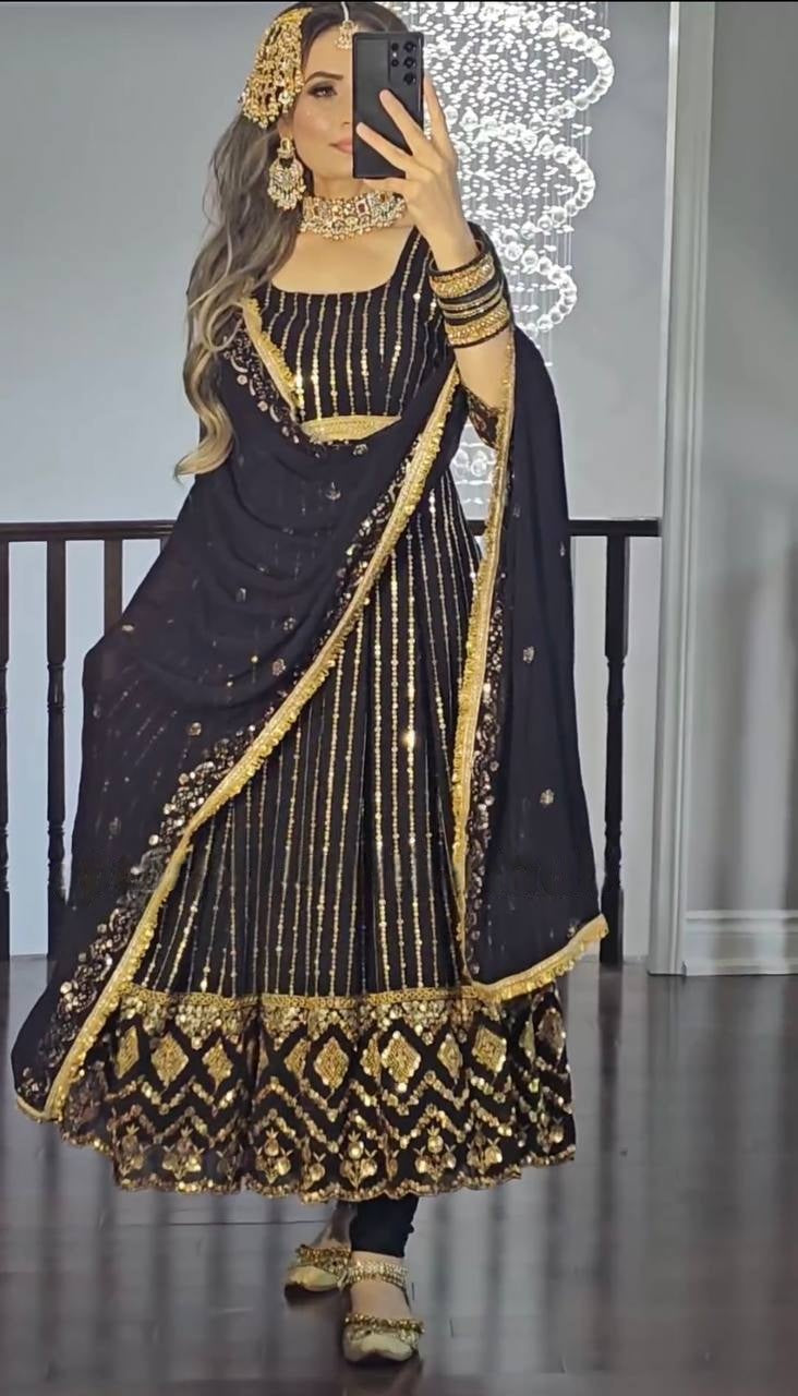 Party Wear Designer Gown with Pant in Heavy Faux Georgette Featuring Full Sleeve Embroidery