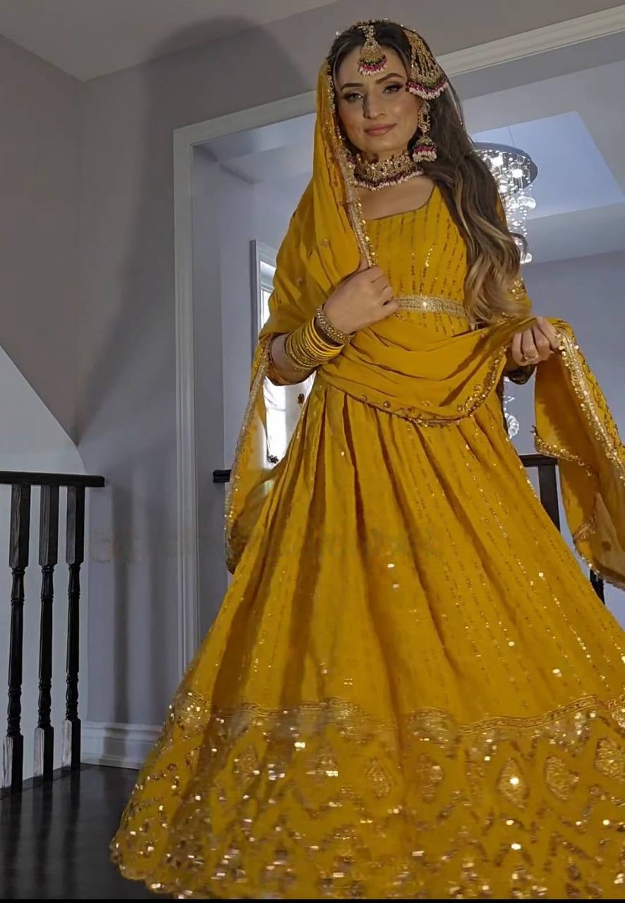 Party Wear Designer Gown with Pant in Heavy Faux Georgette Featuring Full Sleeve Embroidery